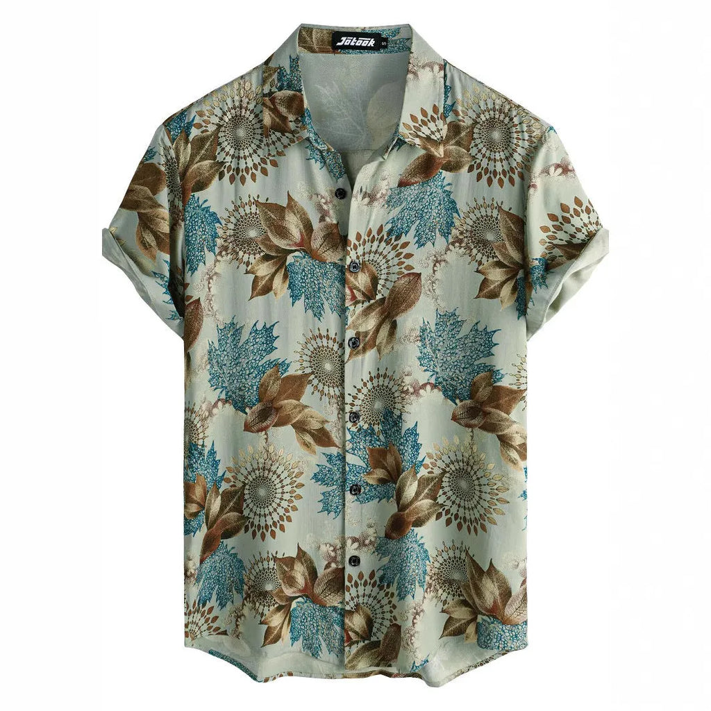 Hawaiian print short sleeve shirt with floral pattern and elastic fabric on a mannequin
