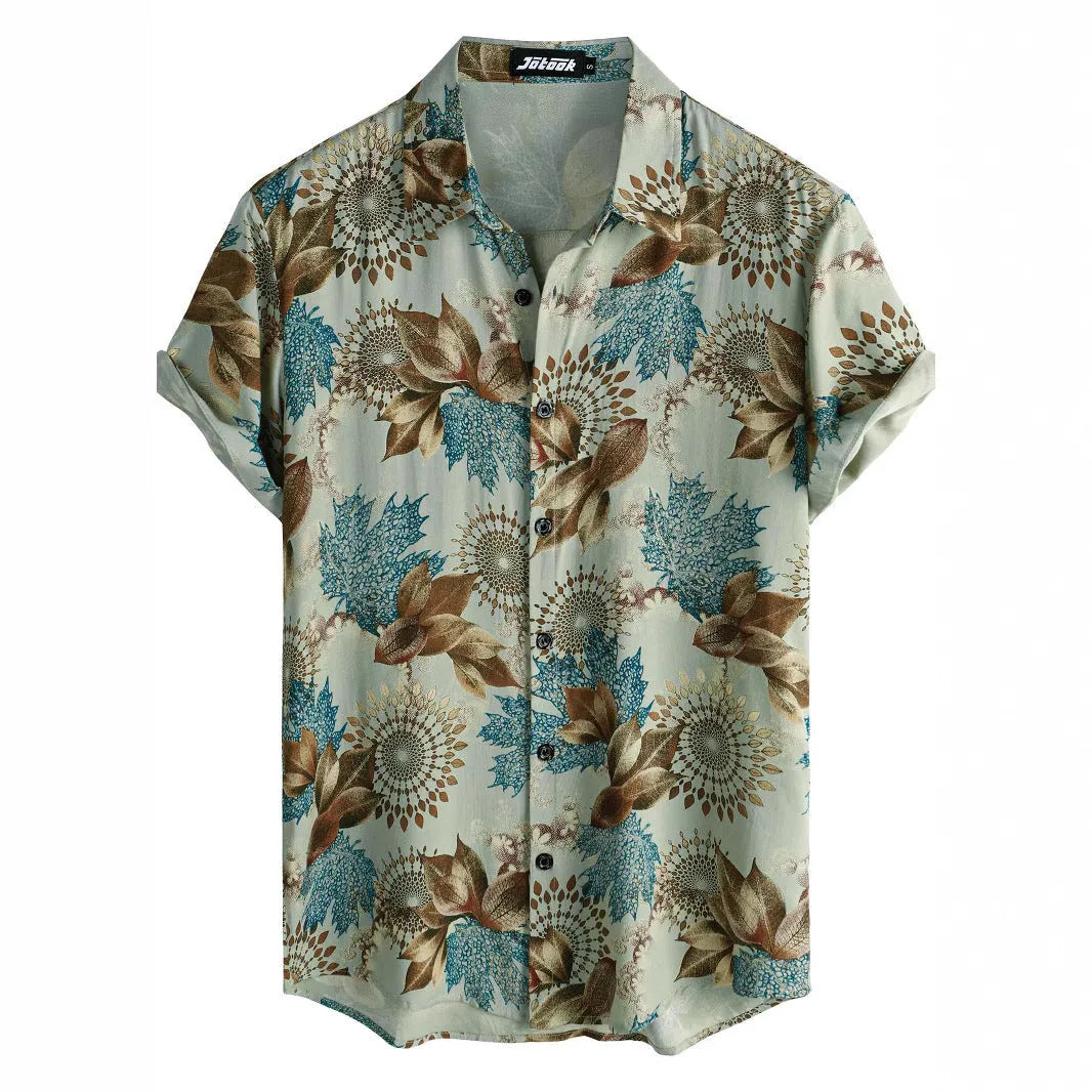 Hawaiian print short sleeve shirt with floral pattern and elastic fabric on a mannequin