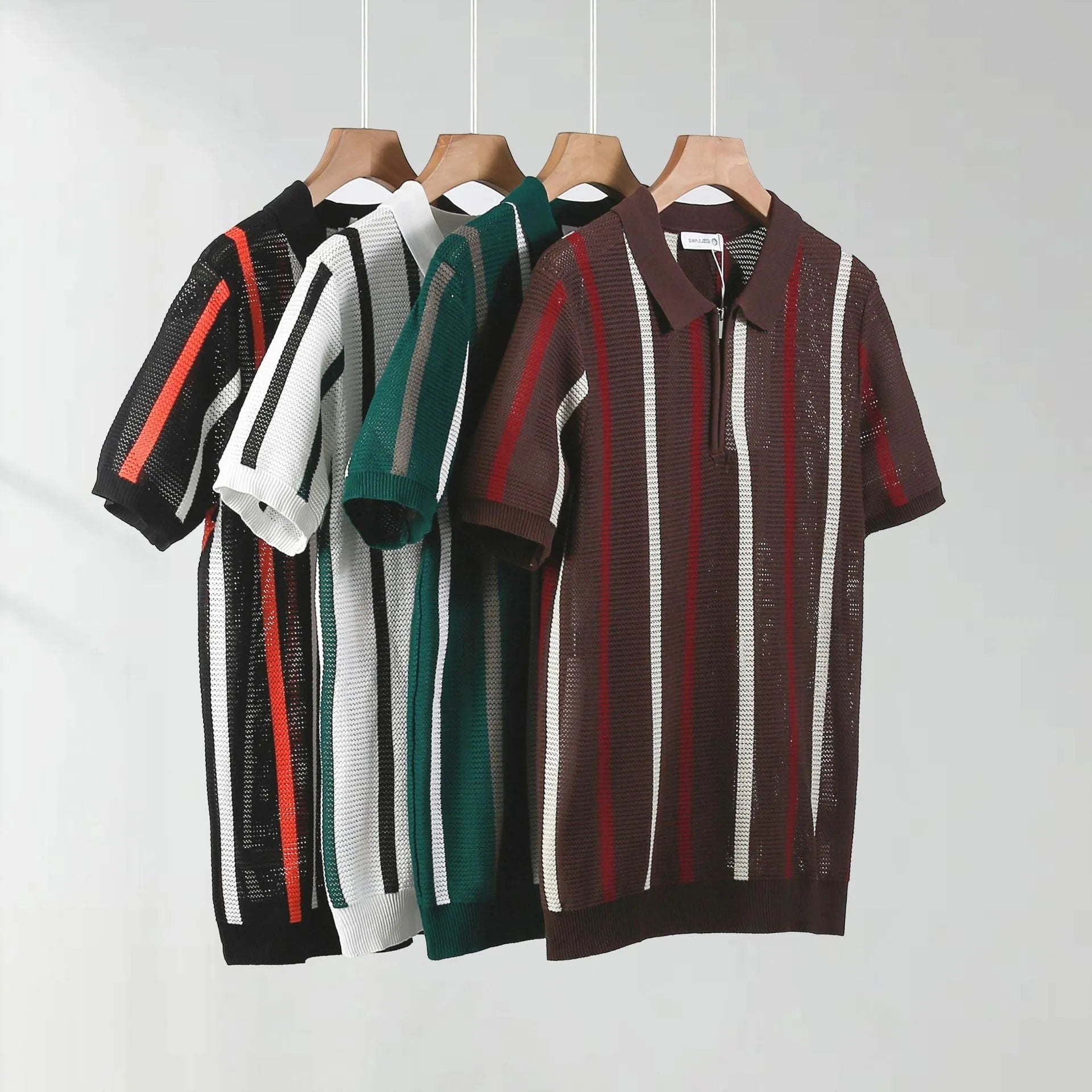 Men's ice silk polo shirt with hollow mesh knitting and zipper decoration in summer colours