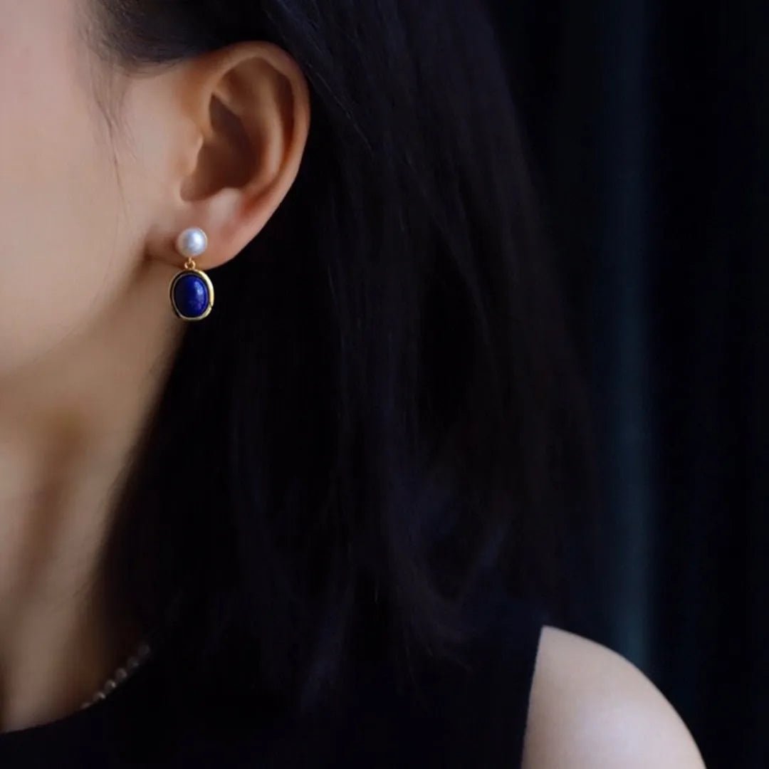 Natural lapis lazuli pearl stud earrings in sterling silver with simple design