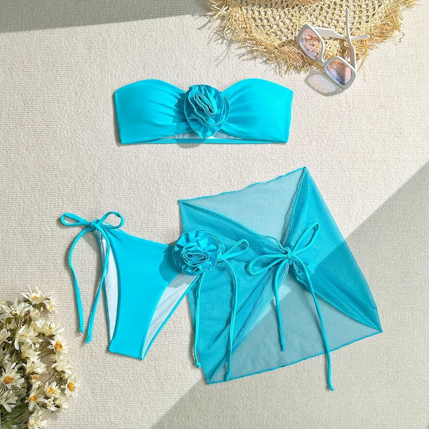 Women's tube top swimsuit with three-dimensional flower tie in pink, blue or purple colours