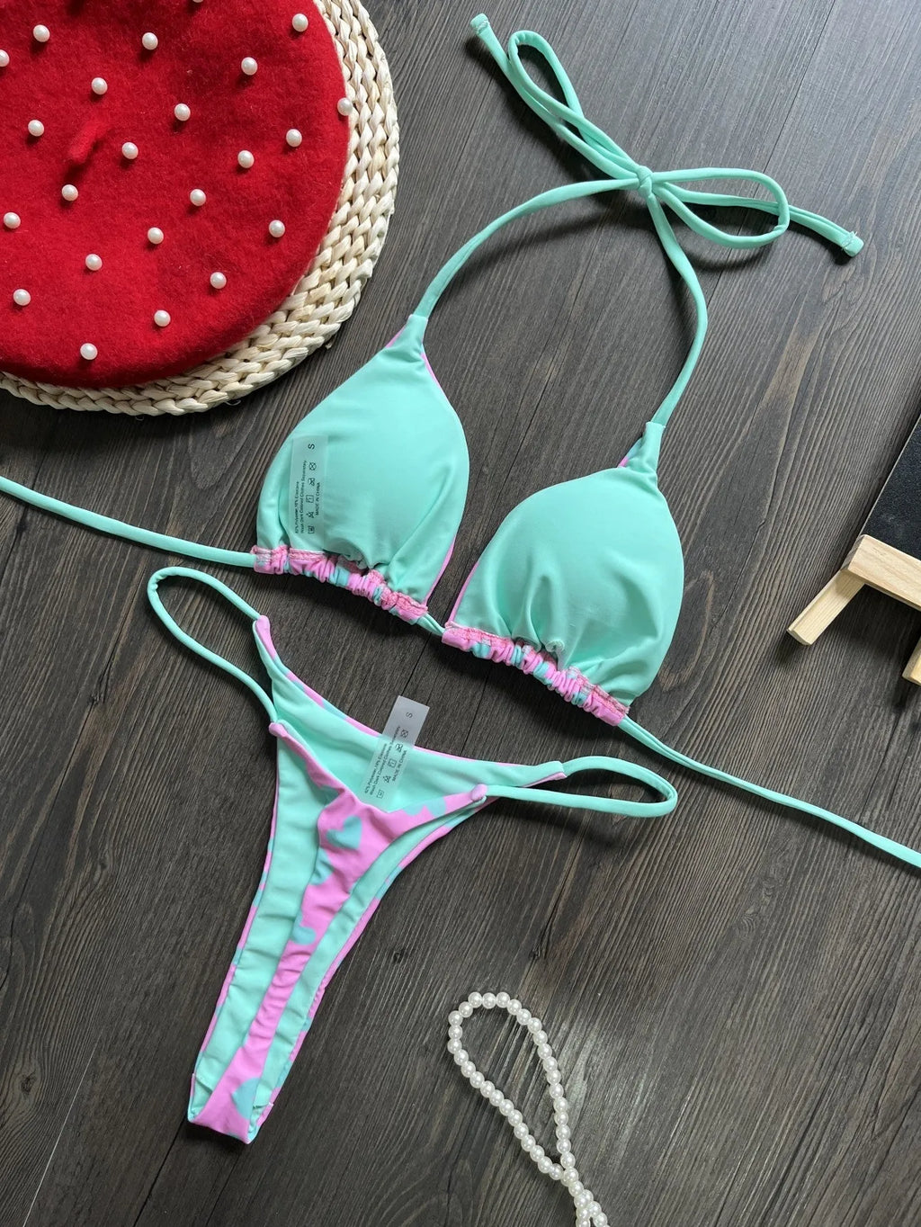 Sexy backless split swimsuit with heart printing in blue and pink colour options
