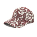Blue polyester baseball cap with a white paisley pattern printed on the dome crown.