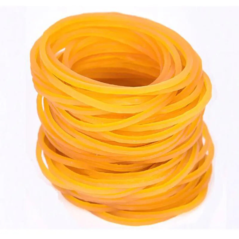 500g bulk pack of assorted yellow rubber bands in sizes from 16mm to 70mm diameter.
