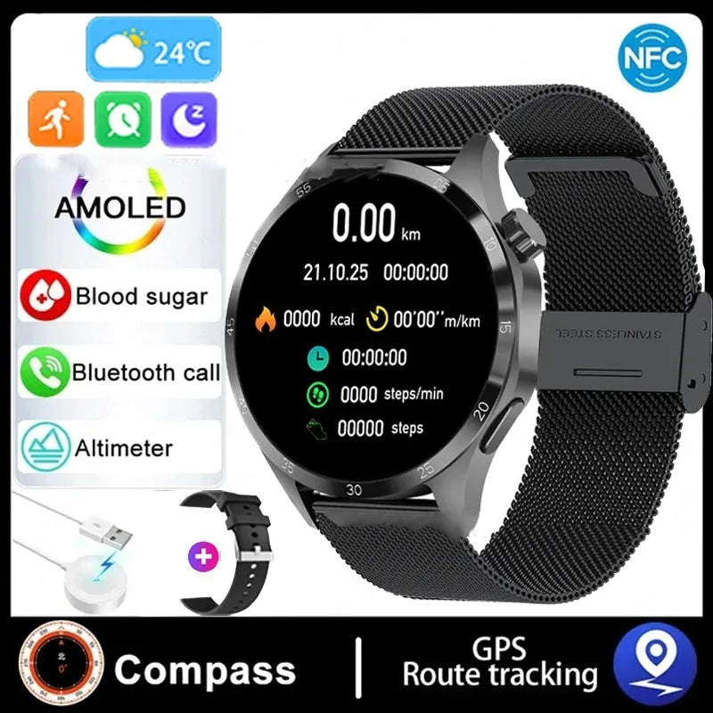 Black Bluetooth smartwatch with health monitoring features on either silicone sport or Milan mesh metal strap