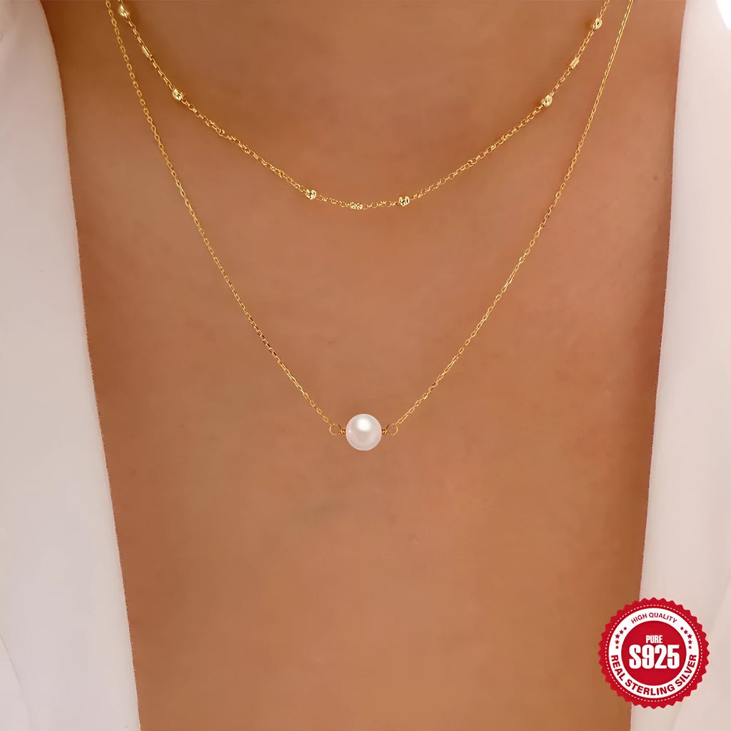 S925 sterling silver double layer necklace with twin pearl elements on ball bead chain