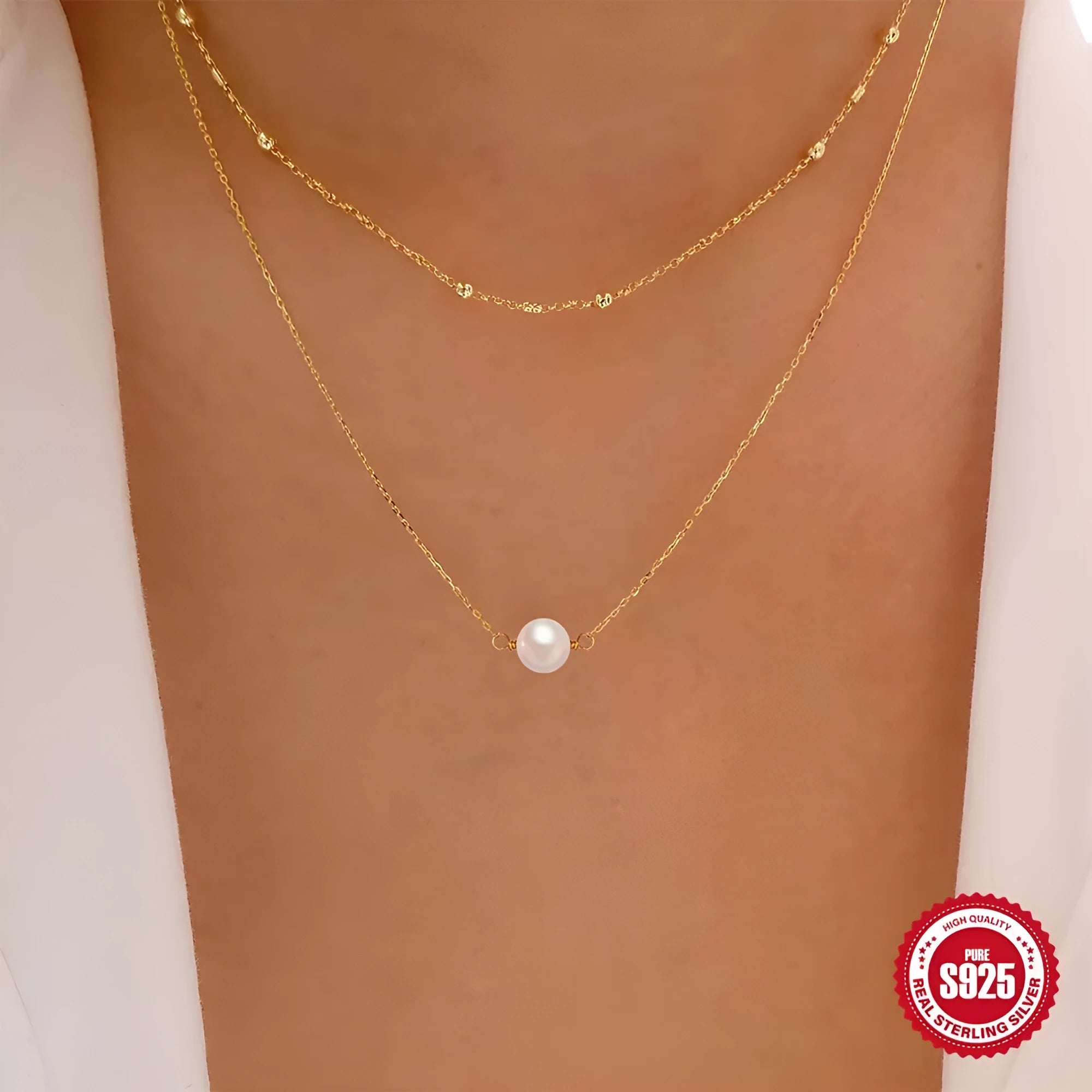 S925 sterling silver double layer necklace with twin pearl elements on ball bead chain
