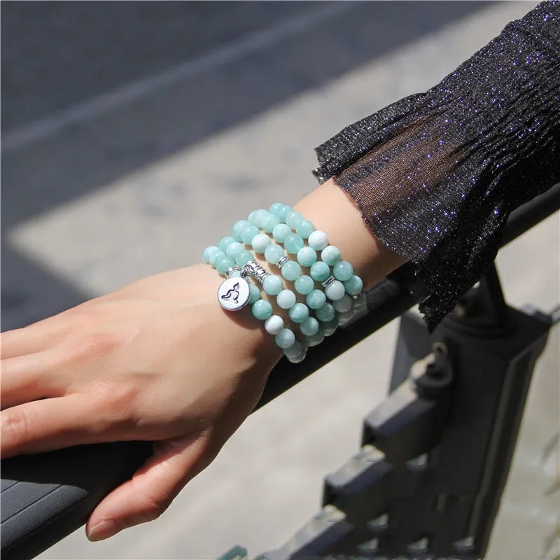 Women's natural stone bracelet with lotus elements and geometric design