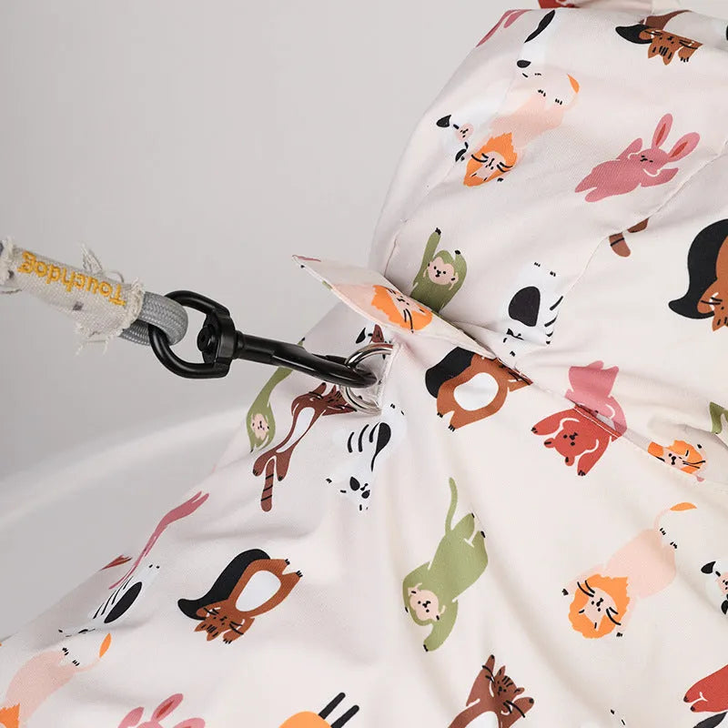 Beige cartoon dog raincoat with waterproof PU coating in cat head or small animal print designs