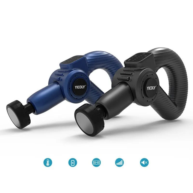 Black smart muscle massage gun with adjustable handle and five different massage heads on a table.