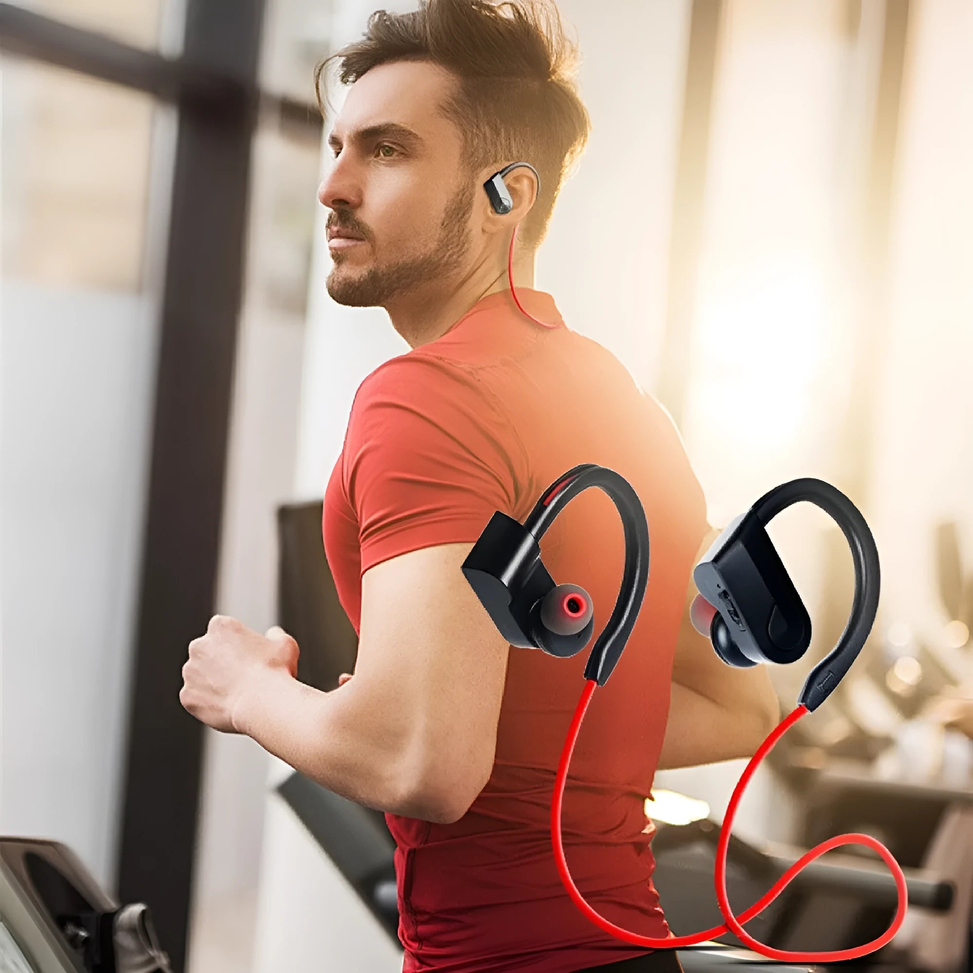 Black wireless neck mounted Bluetooth earphones with neckband design and magnetic earpieces