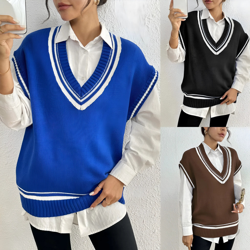 Women's college style loose fit vest sweater in black, blue, and coffee colour options