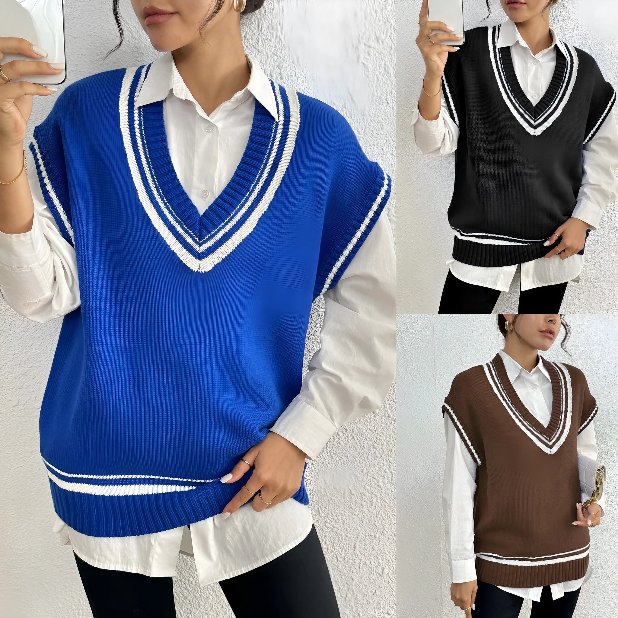 Women's college style loose fit vest sweater in black, blue, and coffee colour options