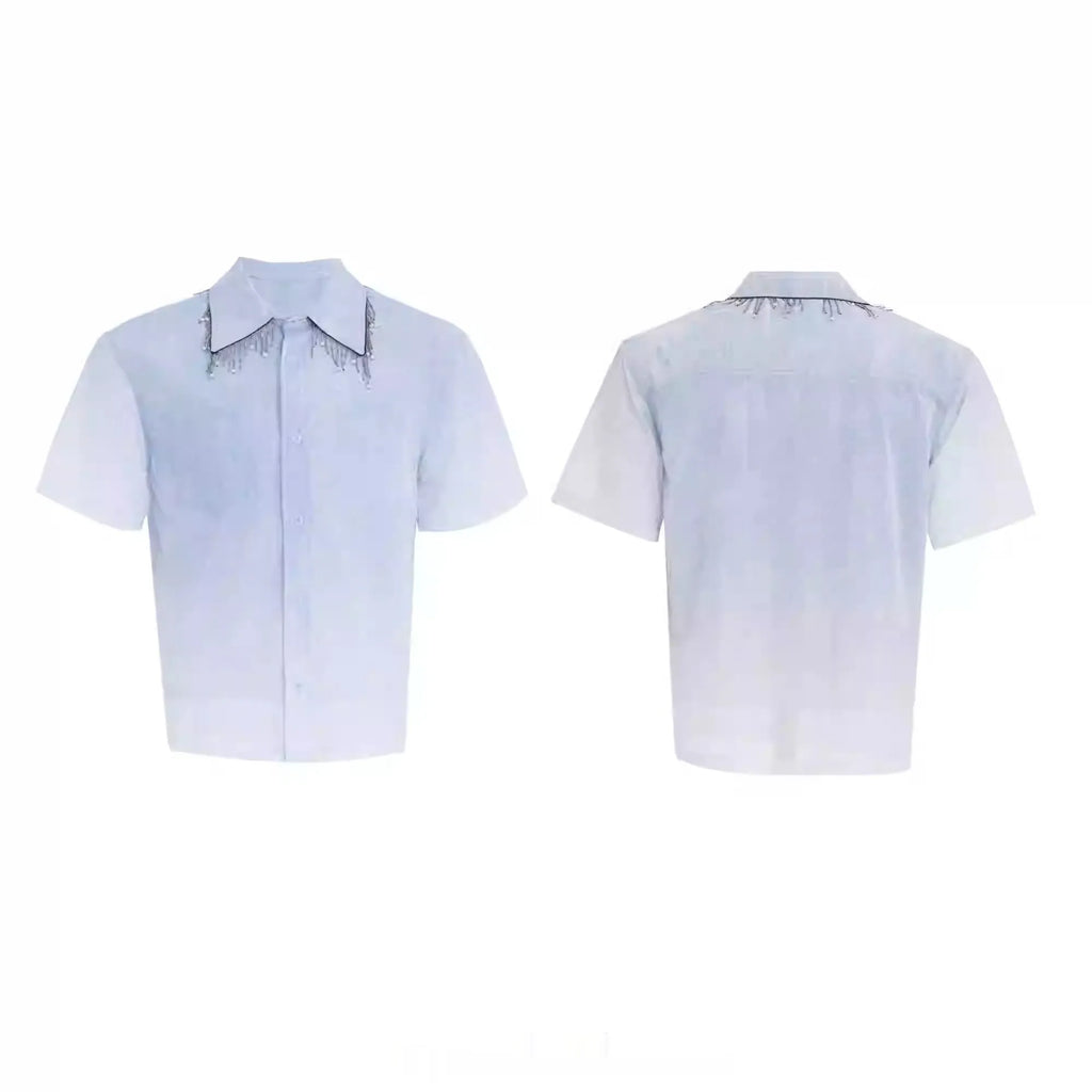 Man's blue and white gradient loose-fit short sleeve casual shirt