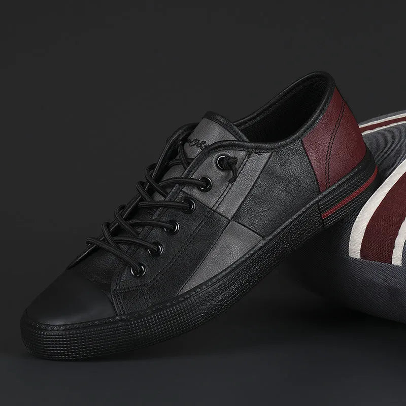 Men's colour matching leather shoes with round toe, flat heel, and elastic band closure
