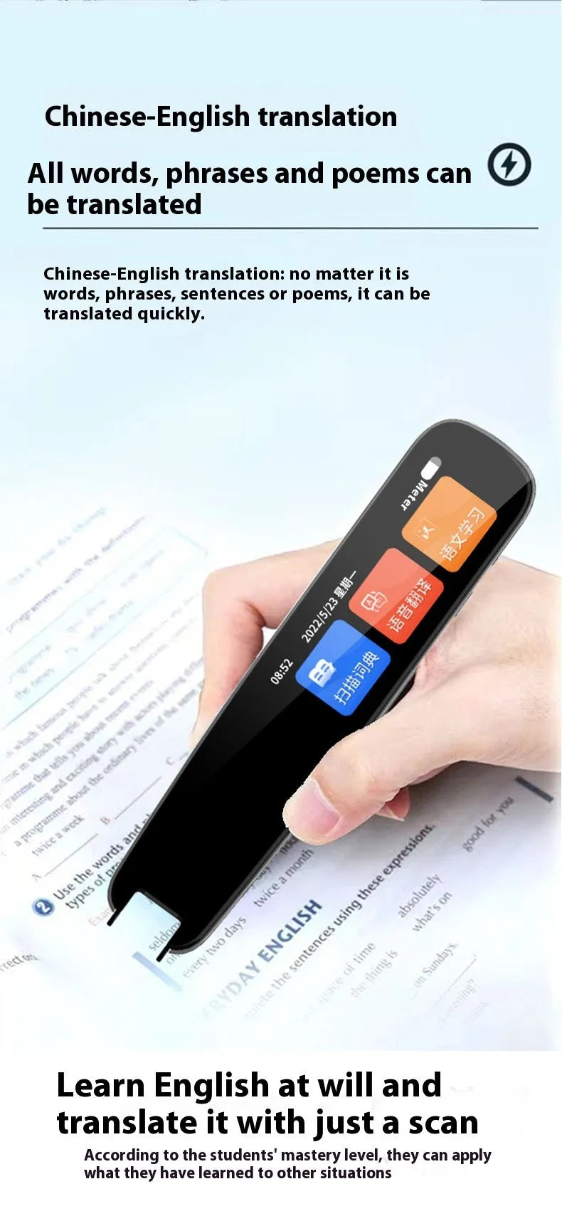 Dark grey talking pen with scanning tip for offline English translation and dictionary functions