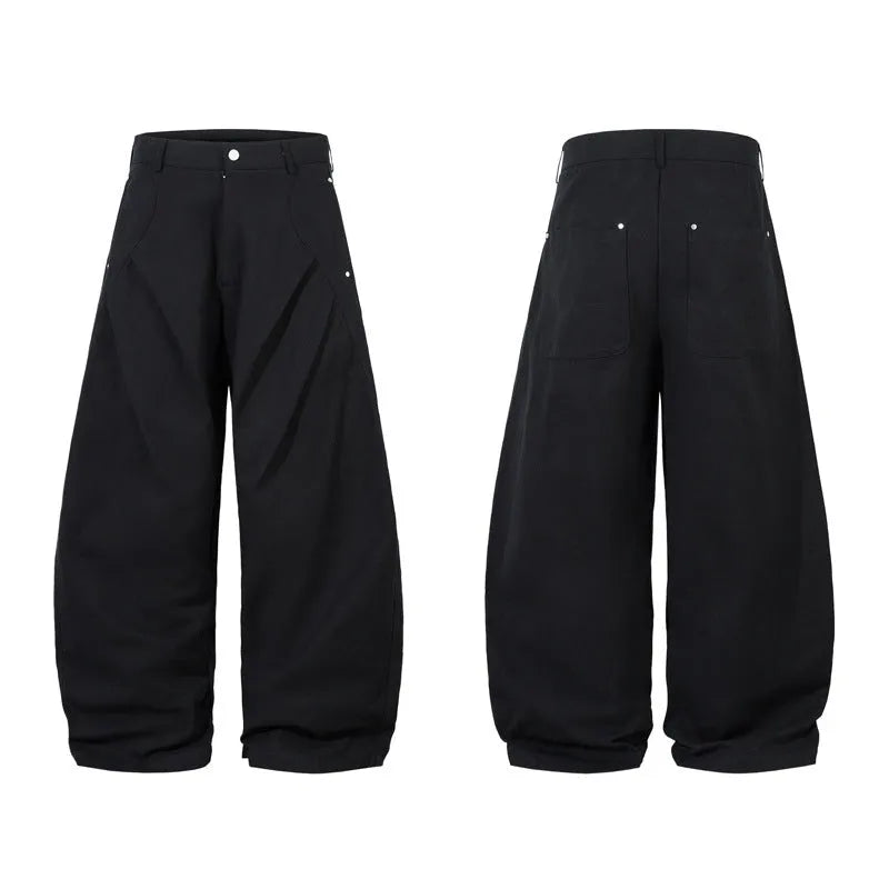Men's black pleated machete casual trousers with wide-leg loose-fitting design