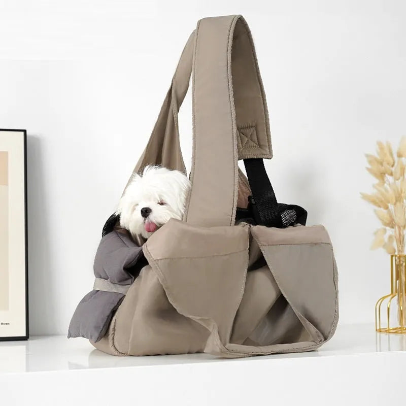 Apricot colour cloth pet carrier handbag with dimensions 41 cm long by 16 cm wide by 28 cm high