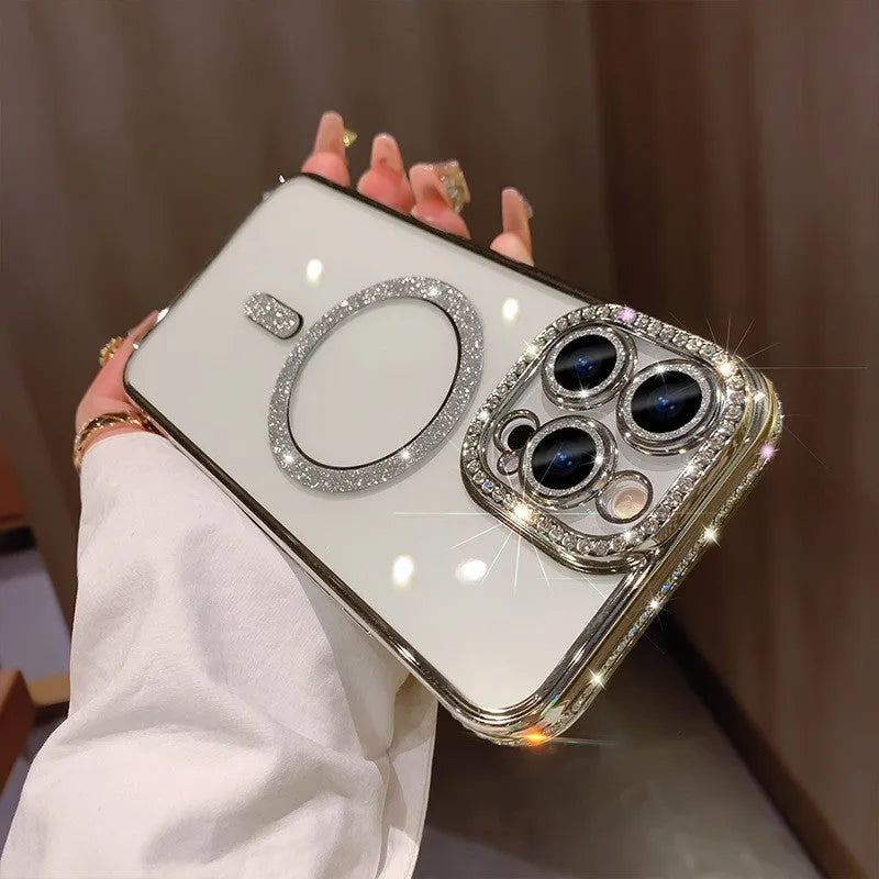 Wireless magnetic phone case in rose gold with soft silicone edge and electroplated back for iPhone.