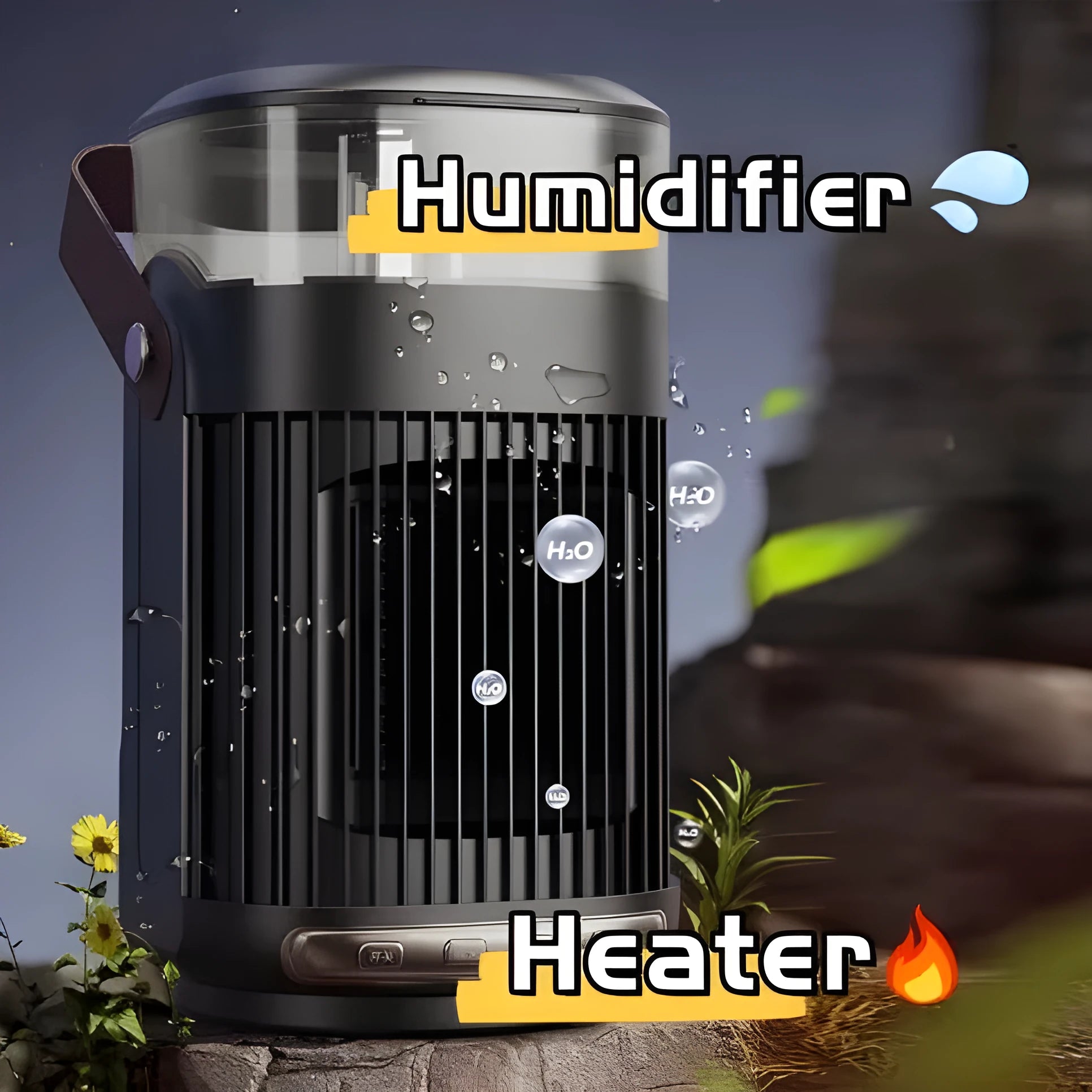Black portable personal heater with humidifier showing front control panel and compact design