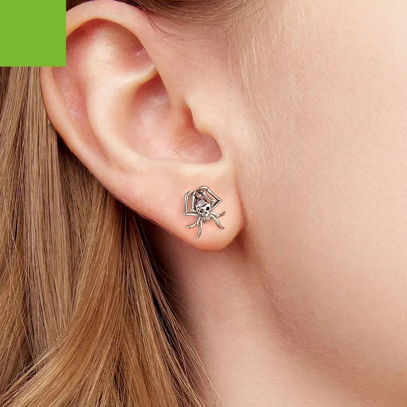 Halloween skull spider stud earrings in S925 sterling silver with zircon inlay, SCE1964 colour, pair of earrings