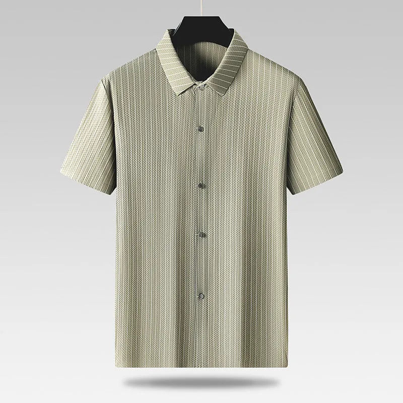 Plus size man wearing black striped casual shirt with square collar and loose fit design
