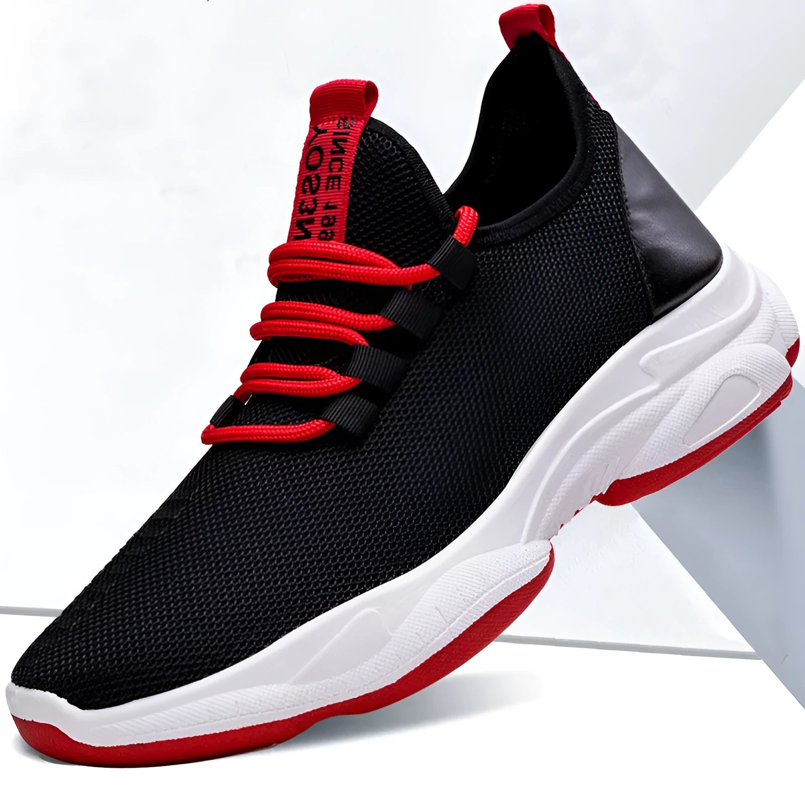 Men's black white mesh lace-up casual sneakers flat heel round toe
