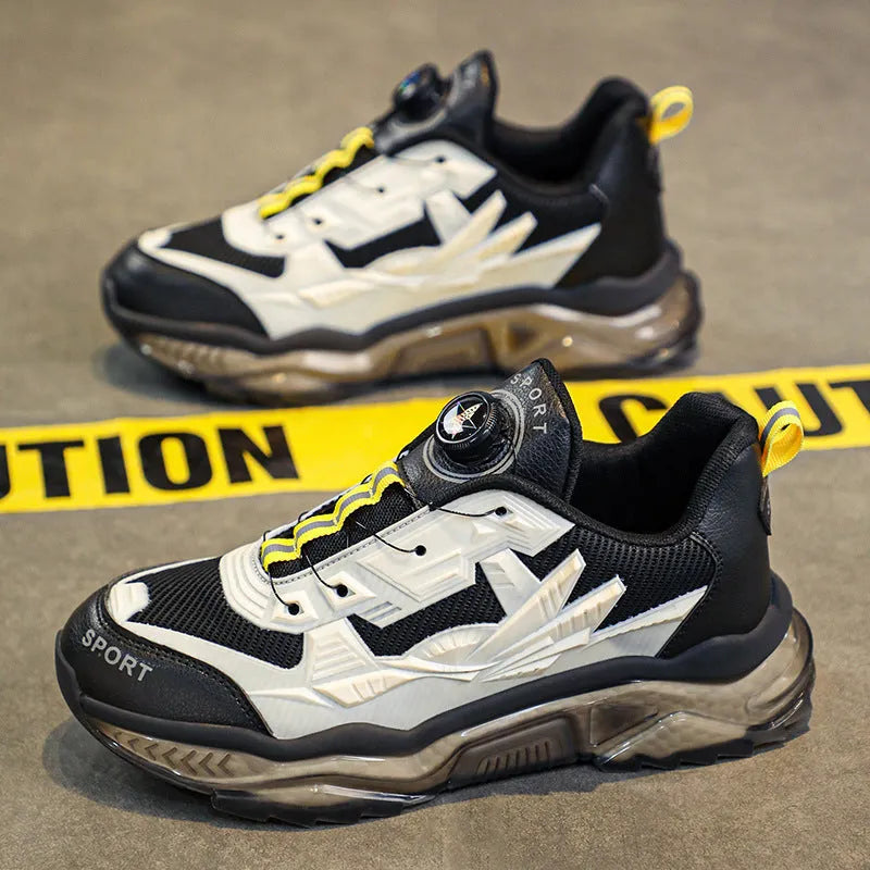 Men's black rotating button casual shoes with mesh upper and platform sole for height increase