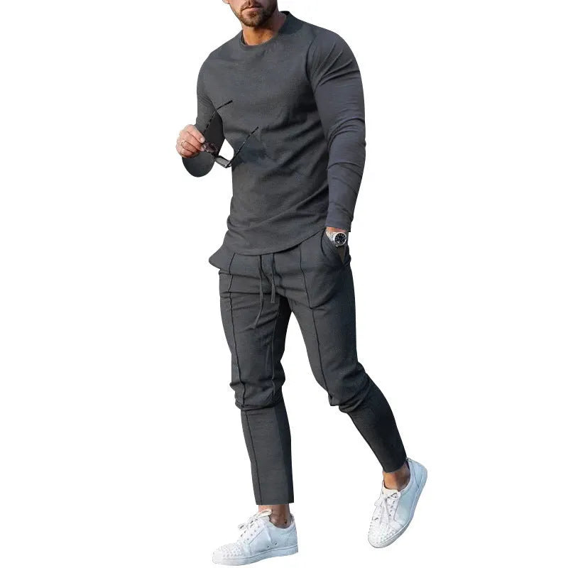 Men's light grey polyester two-piece suit with round-neck long sleeve T-shirt and trousers