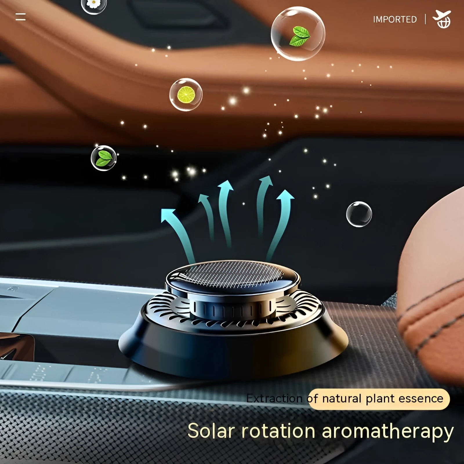 Black plastic solar car aromatherapy decoration with electromagnetic de‑icing function, 84mm wide.