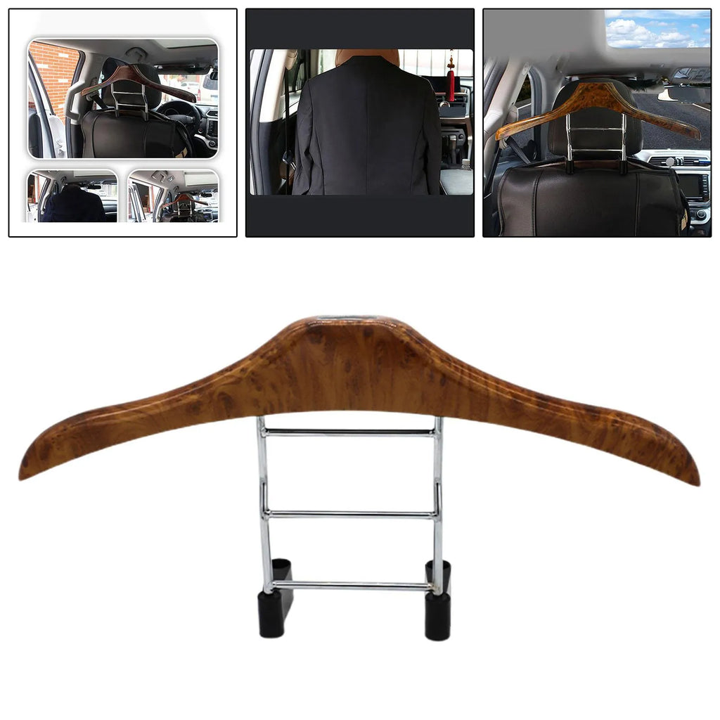Wood yellow stainless steel car clothes hanger hanging a suit jacket
