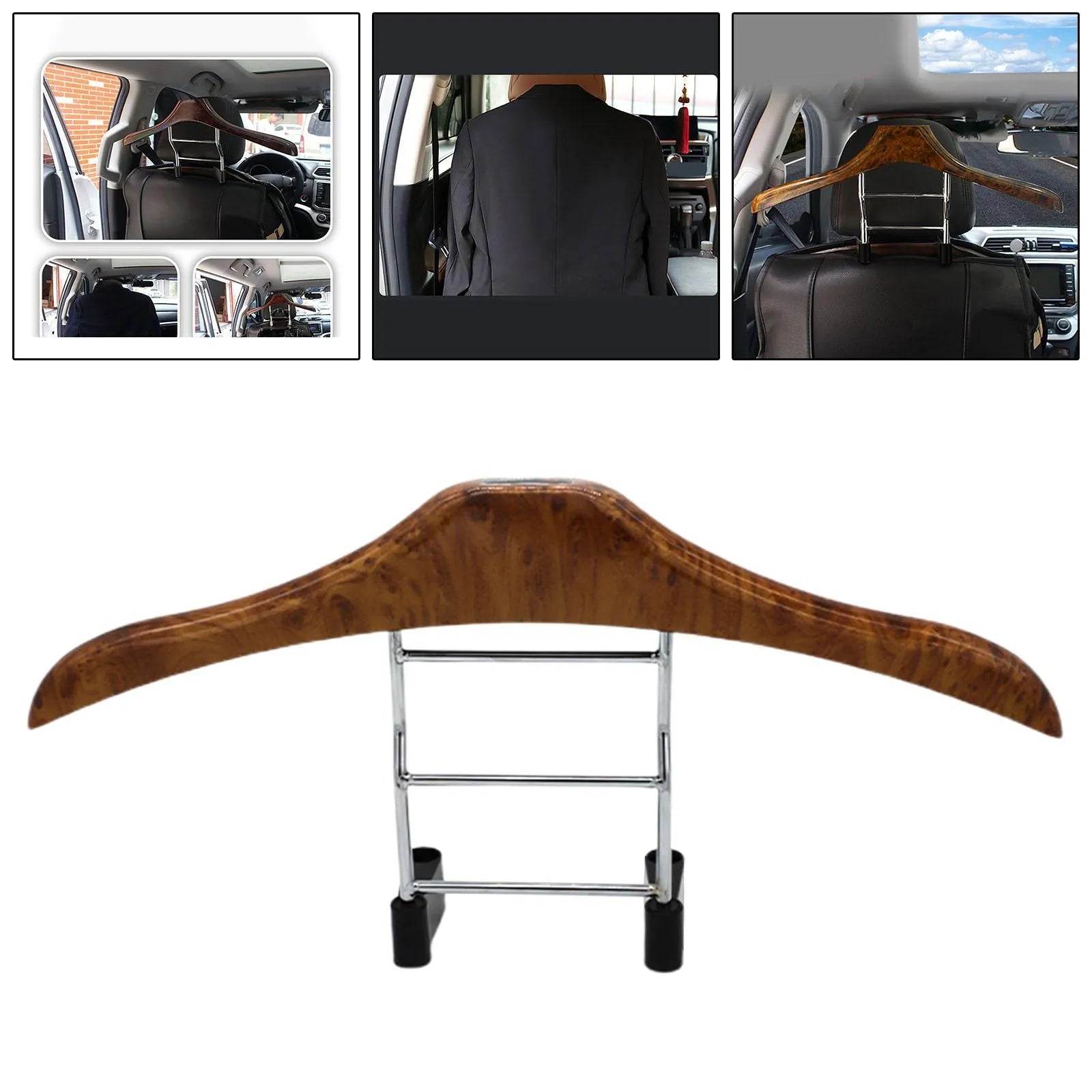 Wood yellow stainless steel car clothes hanger hanging a suit jacket