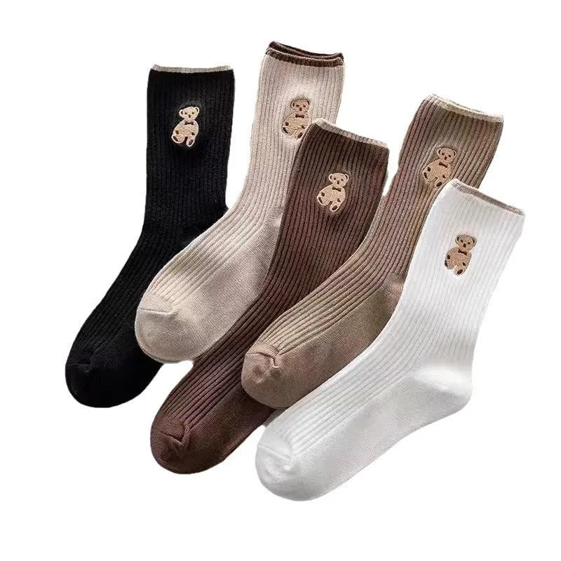 Mid-calf retro Japanese school style bear pattern stack socks for women
