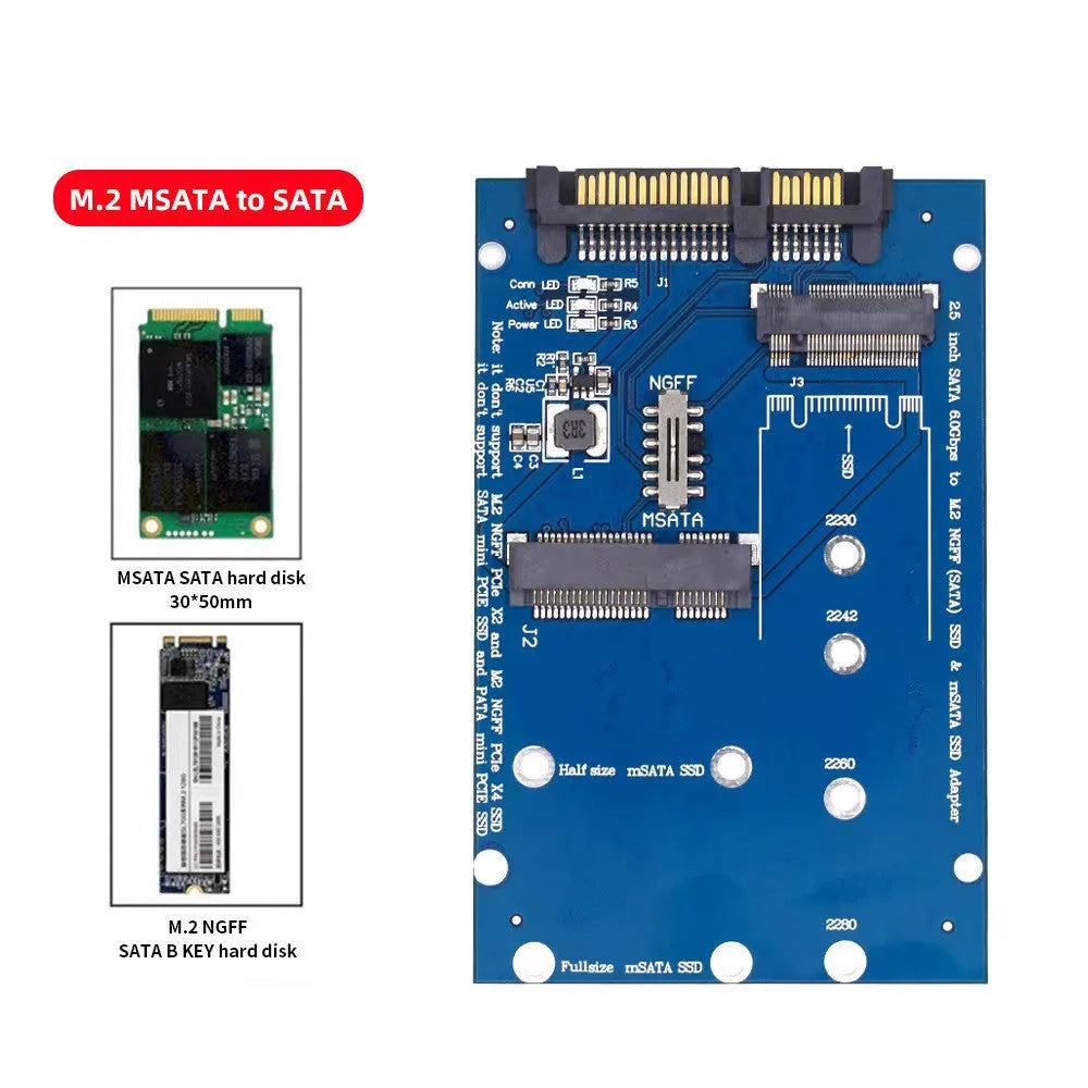 Black or blue SATA 3 to M.2 NGFF mSATA SSD adapter conversion card on white background.