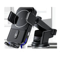 Black car wireless charger phone holder showing clip and suction cup mounting options