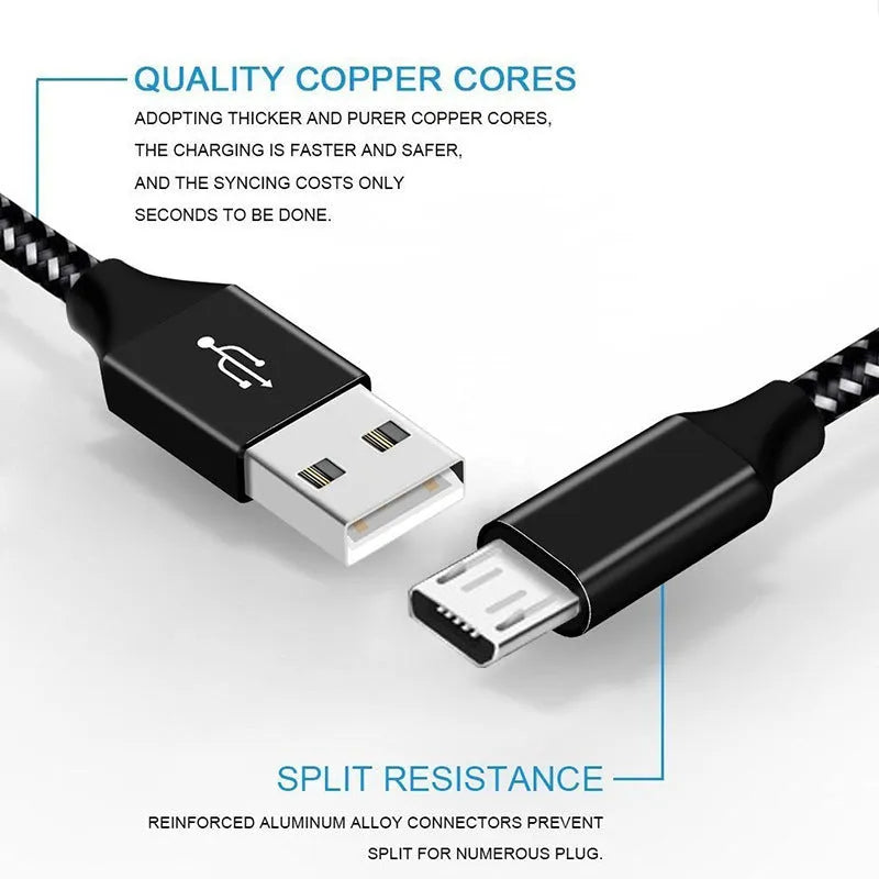 Braided nylon fast charging Micro USB cable for Android phones in black and white colour.