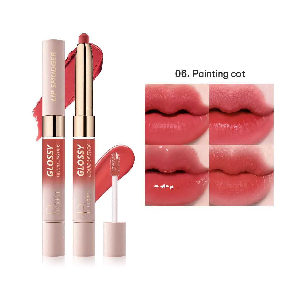 Double-headed lipstick lip gloss in matte finish showing ten colour options with moisturising formula