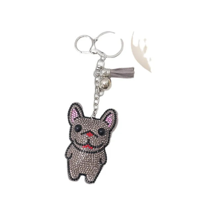 Cartoon French dog rhinestone keychain with alloy tassel in caramel colour