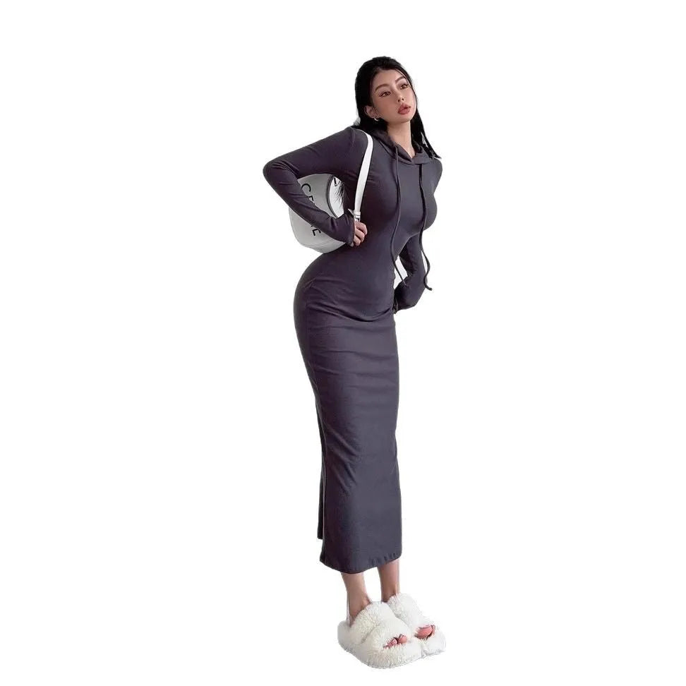 Women's grey hooded sheath dress with long sleeves and high waist