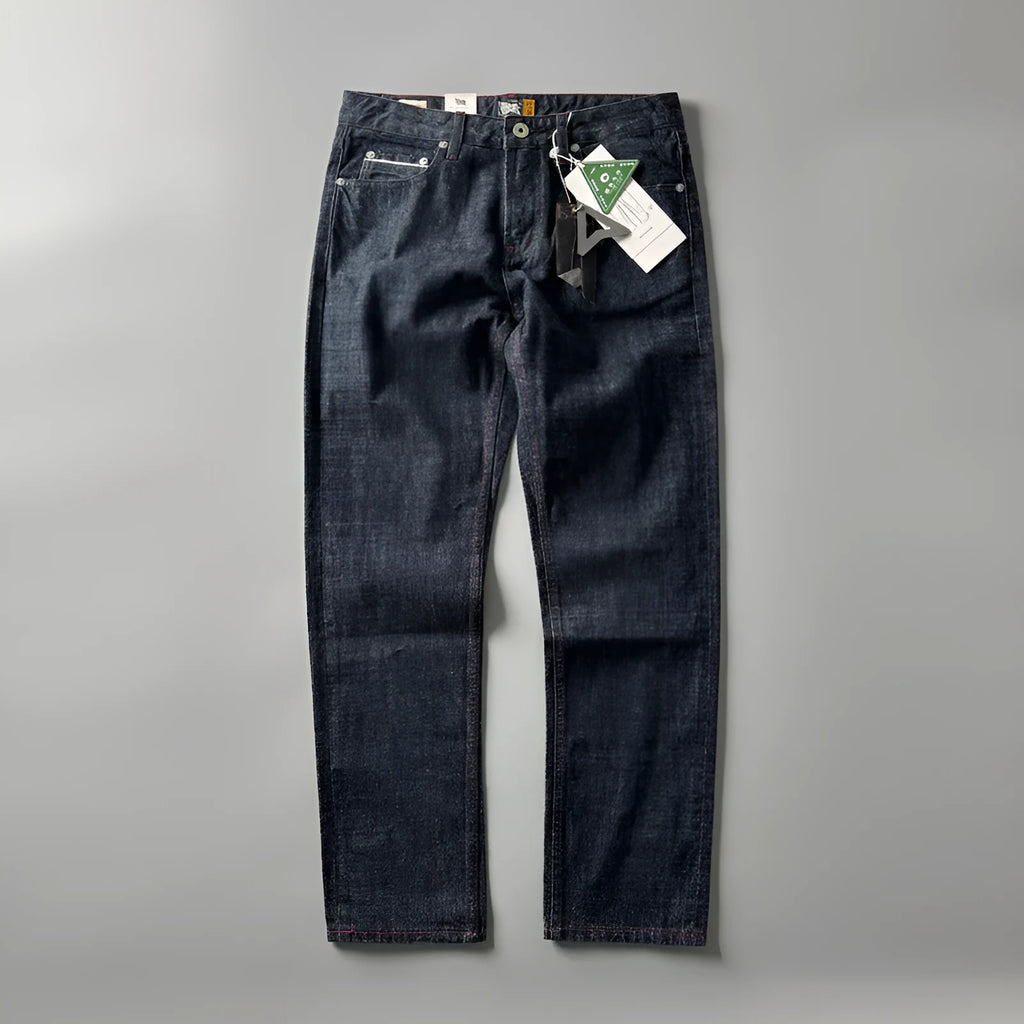 Men's straight leg jeans in primary colour denim with medium waist and regular length
