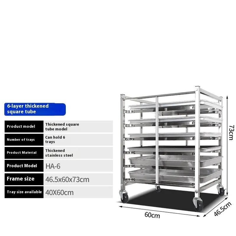 Six-tier stainless steel baking cooling rack with locking mechanism for 40x60cm trays.