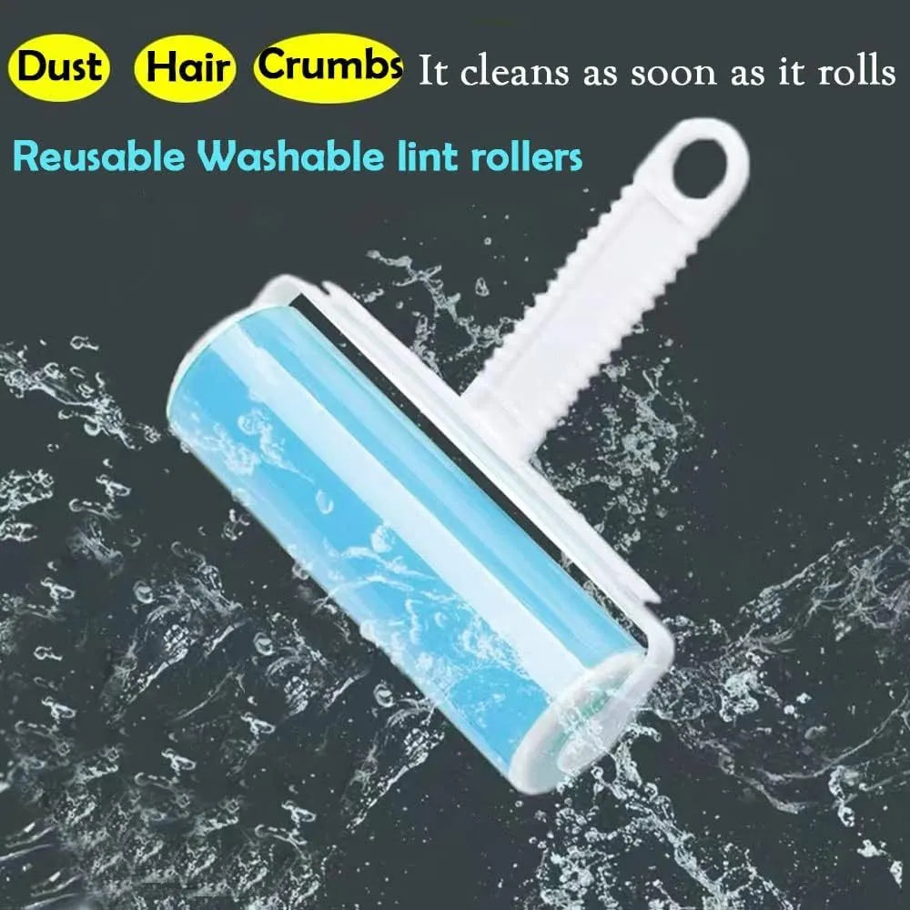 Blue washable reusable lint roller with protective cover for removing pet hair from fabrics