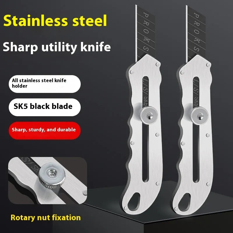 Stainless steel folding art knife with black blade and a set of spare long and trapezoidal blades.