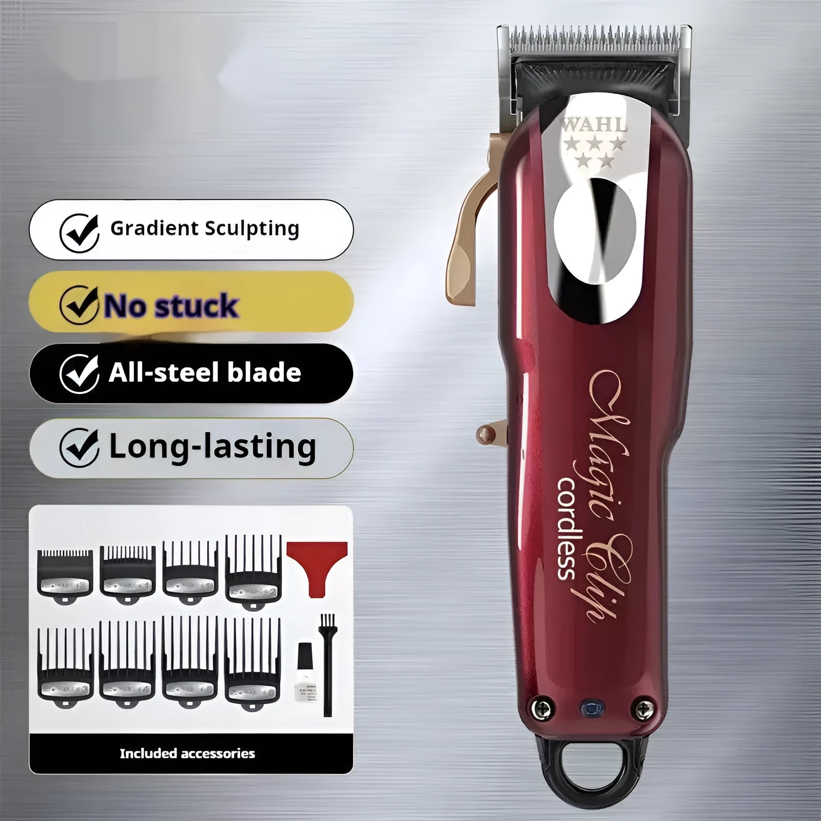 Charging hair clipper with stainless steel cutter head on a white background