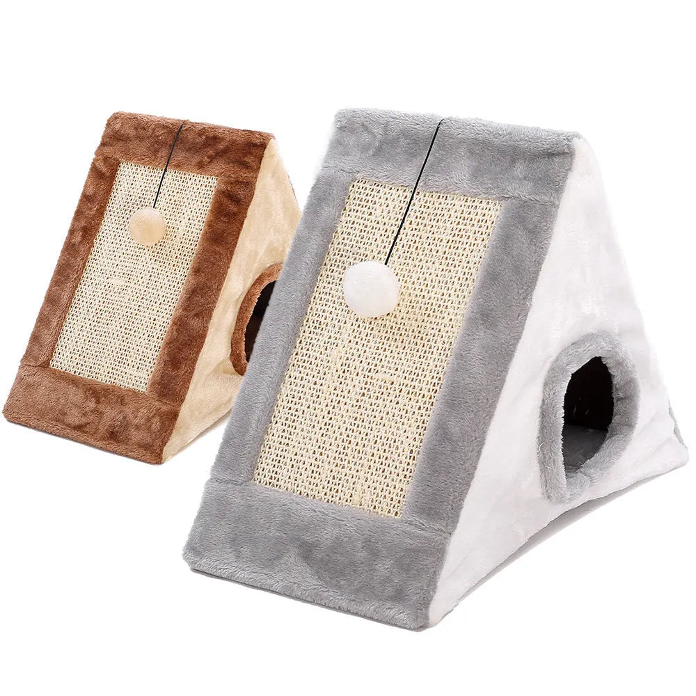 Grey and white triangular cat bed with integrated sisal scratching panels on the side.