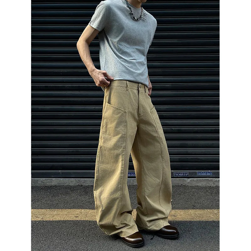 Men's khaki cotton straight-leg trousers with American retro styling laid flat