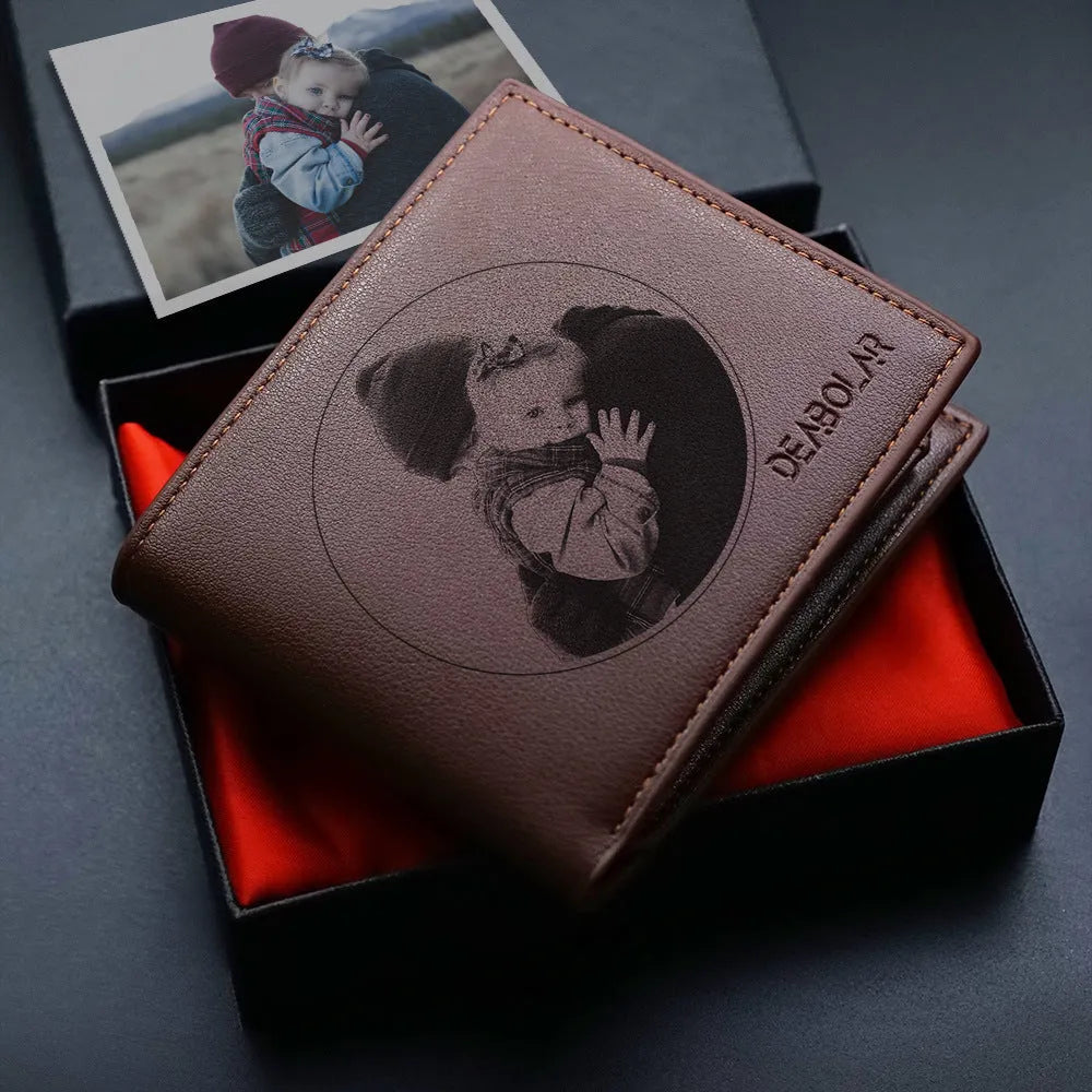 Men's leather wallet with a zipper closure, presented as a gift.