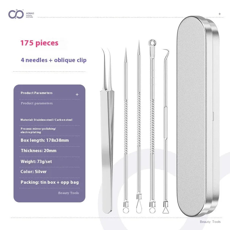 Four metal acne needles with ultra-fine pointed tips laid out in a set.