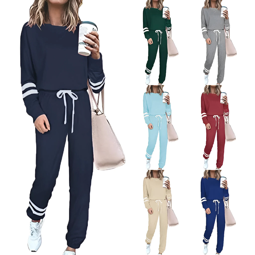 Women's plus size casual suit set with loose-fitting long sleeve top and trousers in solid colour