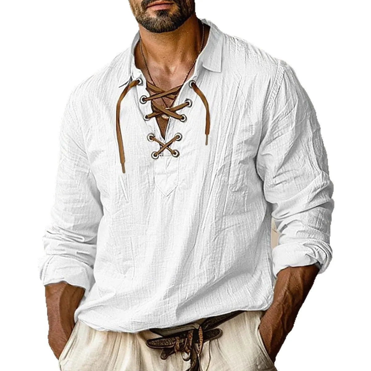 Man wearing a solid blue loose-fit linen blend shirt with lapels and lace detailing on the front.